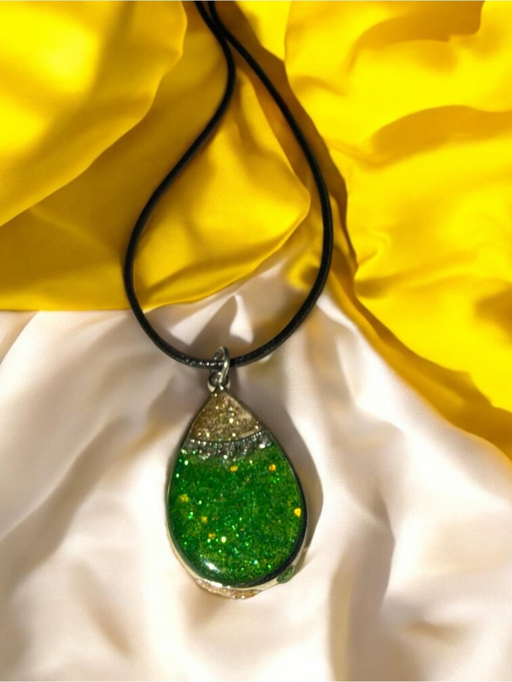 Handmade Emerald Green & Gold Glitter Resin Teardrop Pendant Necklace